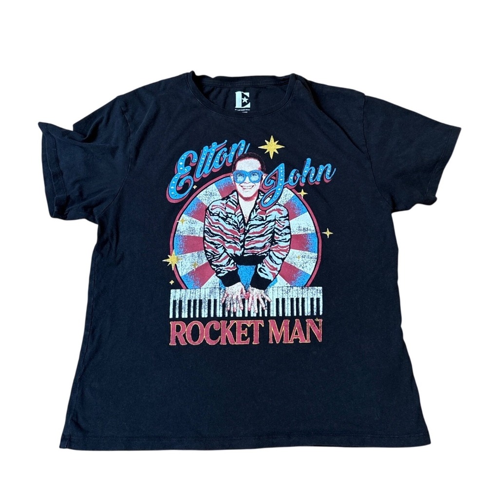 Elton John T-Shirt Womens Black Rocket Man Graphic Concert Tee SIZE Small